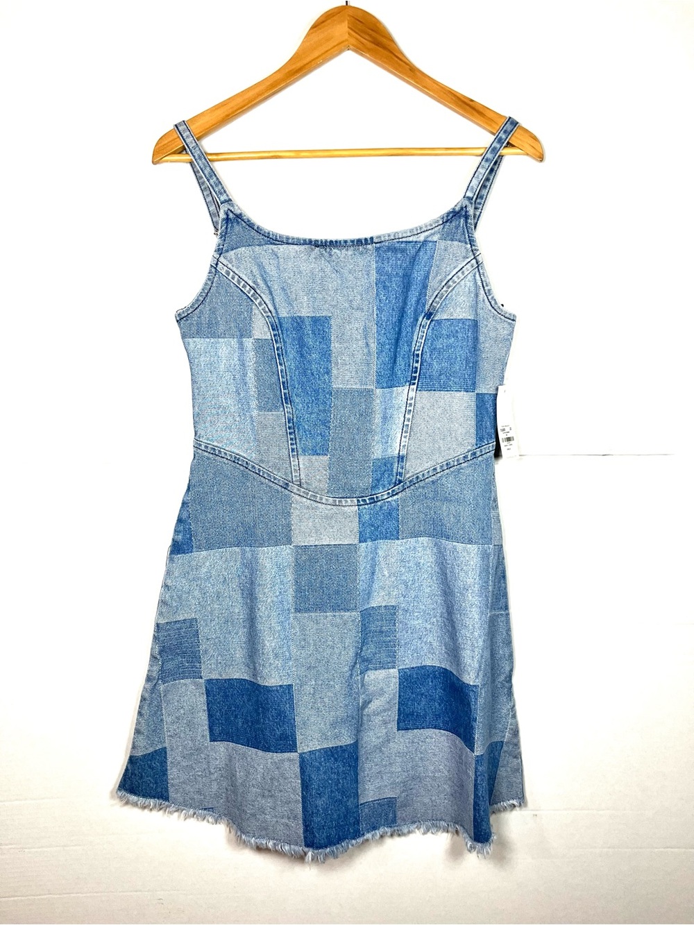 Patchwork Light Blue Denim Mini Dress with Adjustable Straps